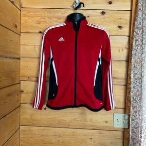 Adidas Climalite Track Jacket Women Small Red Black 3 Stripe Soccer Sporty Zip
